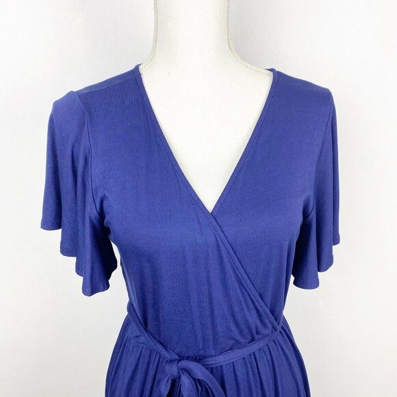 Lulus Faux Wrap Surplice Flutter Sleeve Dress Navy Blue Tie Waist Size Medium - Picture 3 of 6